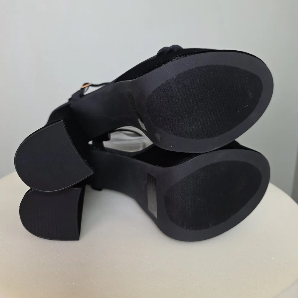 Lulus Serenitie Black Velvet Platform High Heel Chunky Bold Sandals, Size 7.5